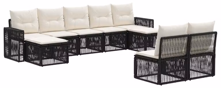 Set da giardino composto da 9 pezzi, in rattan sintetico nero e crema