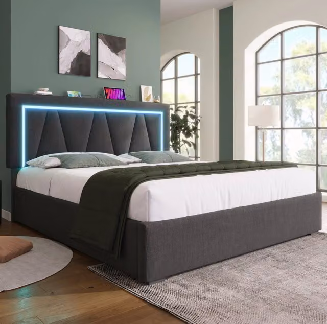 Letto imbottito 160x200 cm con illuminazione LED, funzione di ricarica USB Tipo-C e contenitore, struttura in lino grigio/beige con rete a doghe e materasso integrato