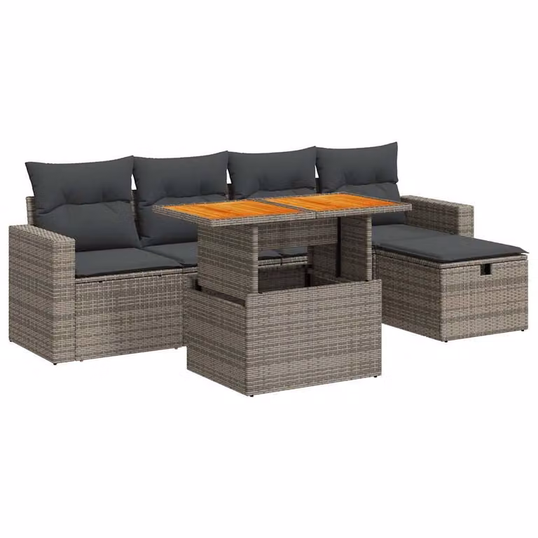 Set Divano da Giardino 6pz con Cuscini Grigio Polyrattan Acacia