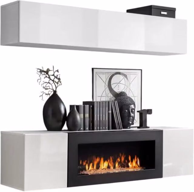 Mobili sospesi con caminetto decorativo collezione FLY N1. Colore bianco.