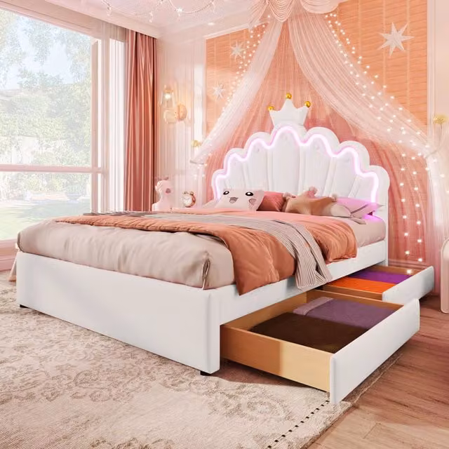 Letto matrimoniale Princess imbottito 140x200cm con 2 cassetti e forma di corona in PU bianco