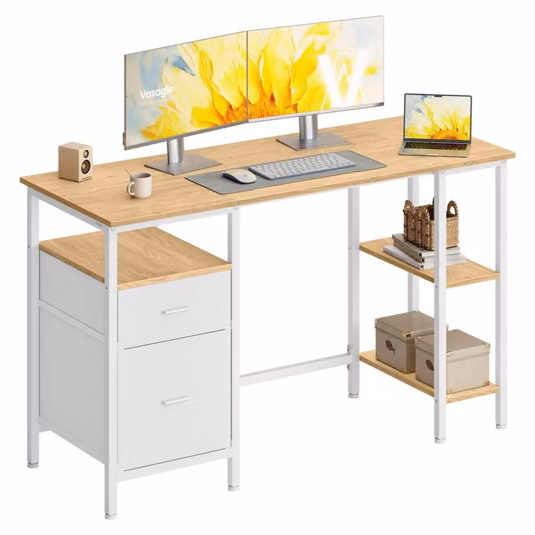 Scrivania con 3 Ripiani 2 Cassetti per Ufficio, Rovere Naturale + Bianco / 127 x 50 cm