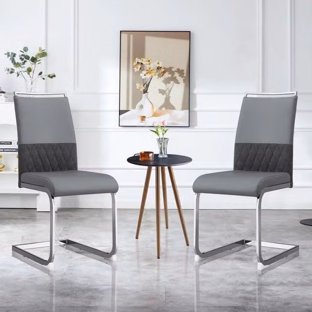 Set di 2 sedie da pranzo moderne Zephmum con schienale alto imbottito in lino e PU a strisce grigio
