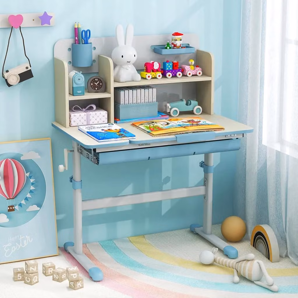 Scrivania da studio Costway per bambini 3-6 anni, regolabile in altezza e con piano inclinabile, colore blu – 2