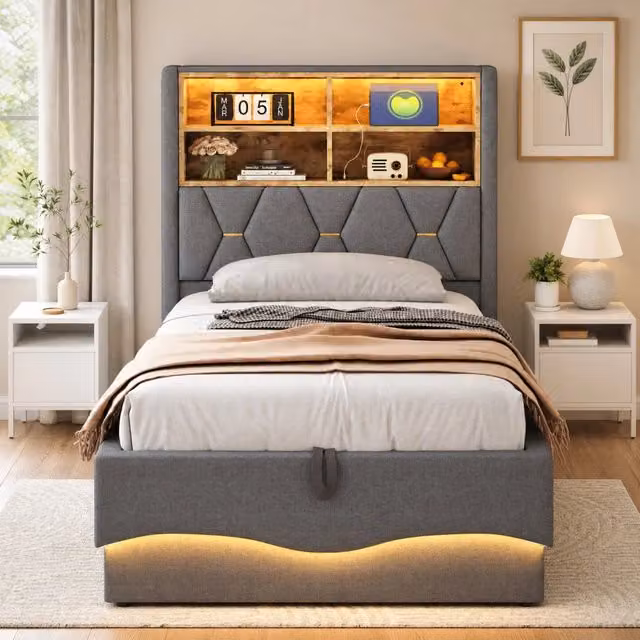 Letto per bambini ULEVR 90x200 cm con contenitore idraulico, LED controllabile via app e USB, grigio
