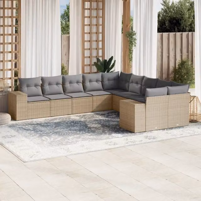 Set Divano da Giardino 10 pz con Cuscini Beige in Polyrattan 3223108