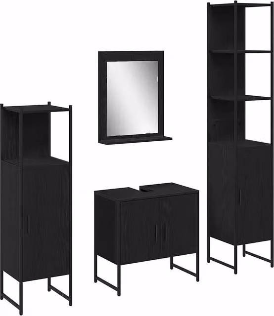 Set di mobili per il Bagno | Armadio da bagno 4 pz Nero Legno multistrato