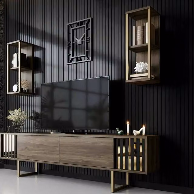 Mobile porta TV Artinay DMORA, Credenza moderna per soggiorno in legno e metallo, L: 180 cm, P: 30 cm, H: 48 cm, Noce e Nero – 1