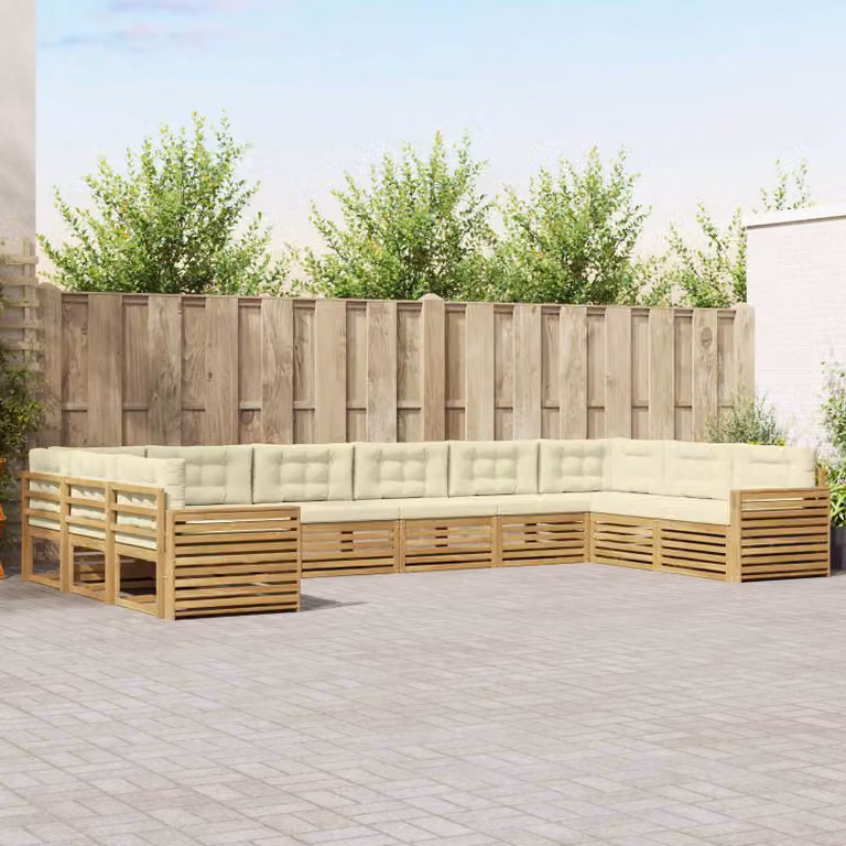 Set di divani da giardino vidaXL a forma di L con cuscini, Bianco e Beige, in legno di acacia e poliestere resistente ai raggi UV