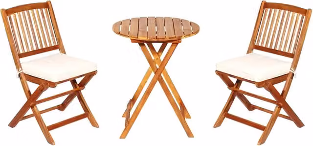 Set da Giardino Pieghevole Costway in Legno di Acacia con Cuscini Beige, Composto da Tavolo Rotondo e 3 Sedie
