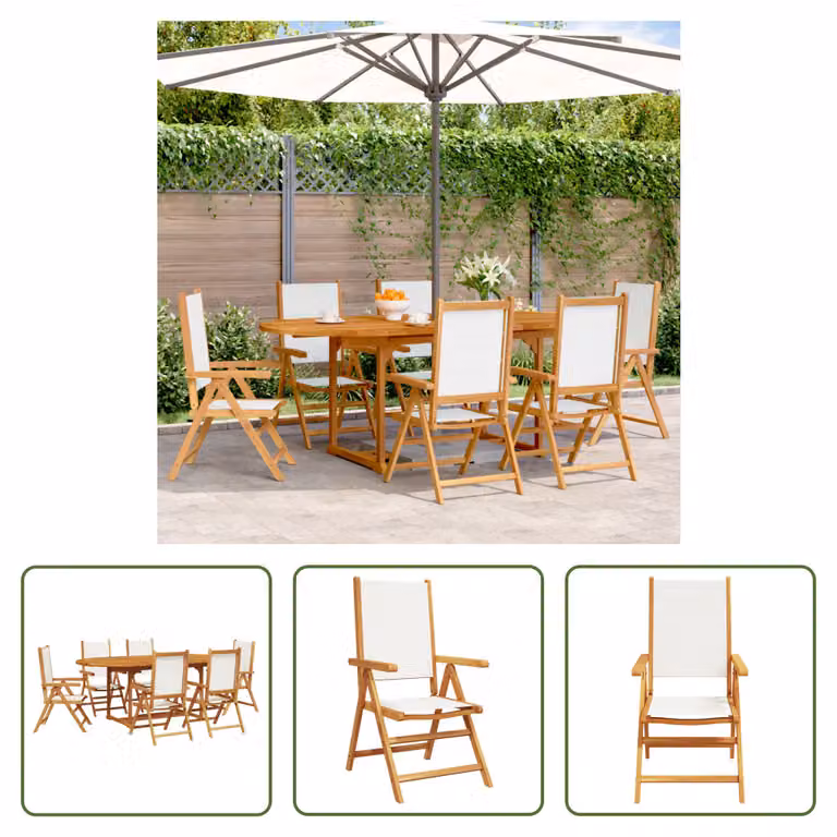 The Living Store Set da pranzo da giardino 7 pezzi in tessuto e legno massiccio bianco crema