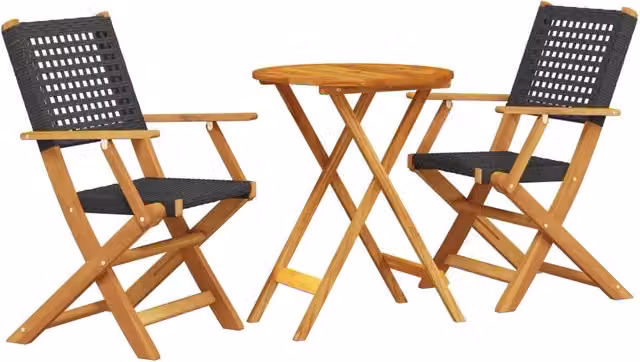 Set da Bistrot 3 pz in Polyrattan e Legno di Acacia Nero e Marrone per Giardino e Balcone