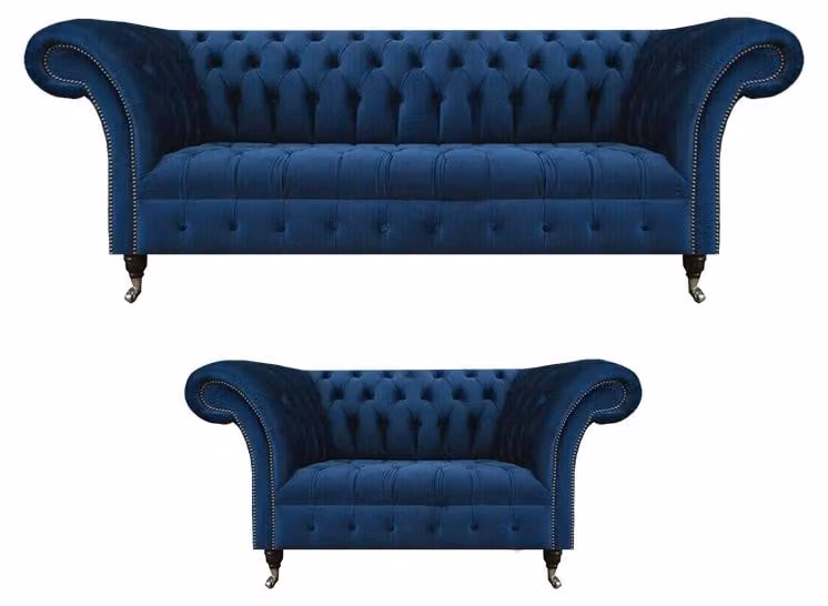 Edle Chesterfield Sofagarnitur Designer Blauer Dreisitzer Polster 2-er