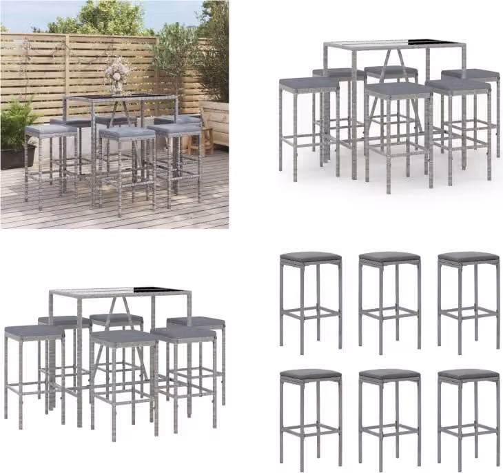 vidaXL Set bar da giardino 7 pezzi con cuscini in poly rattan grigio - Set bar da giardino - Set bar da giardino - Set bar da giardino - Bar da giardino