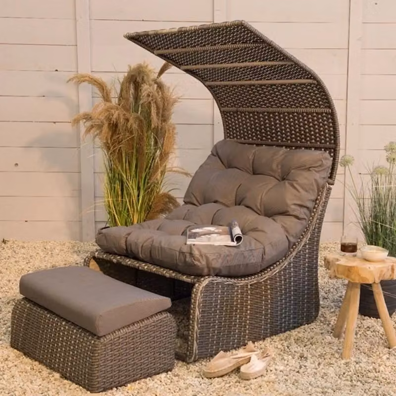 Poltrona letto Daybed Siesta in vimini beige con canopy parasole e struttura in acciaio verniciato L: 108 cm, P: 90 cm, H: 150 cm – 2