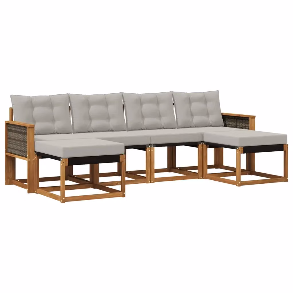 Set di divani da esterno a L vidaXL in legno di acacia con pouf e cuscini, Beige e Grigio – 2