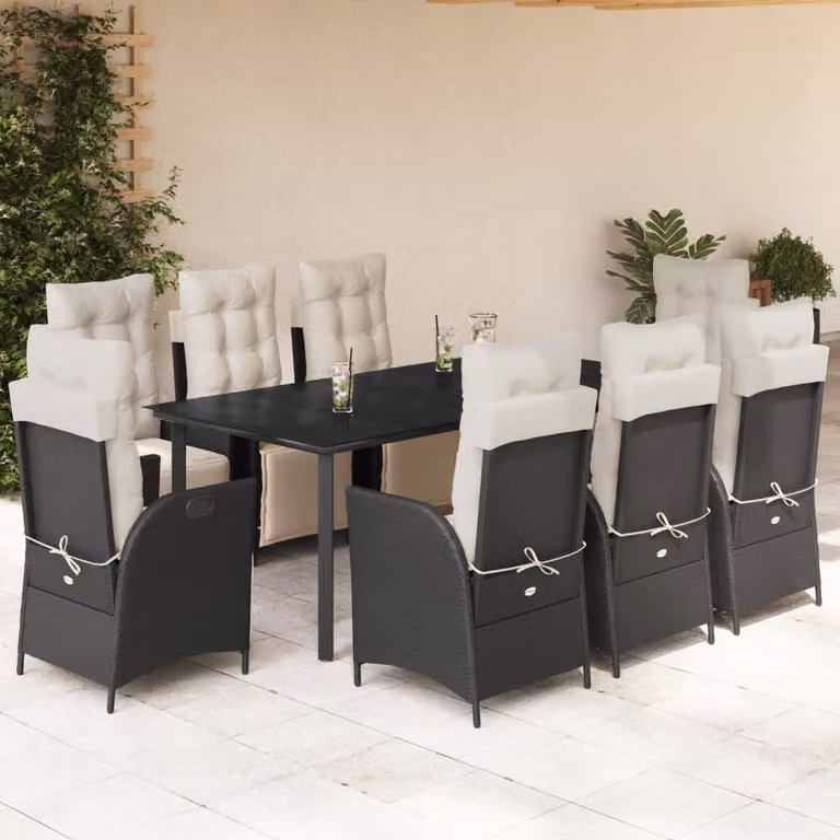 Set da Pranzo da Giardino vidaXL in Polyrattan Nero con Cuscini e Tavolo in Vetro, 9 Pezzi