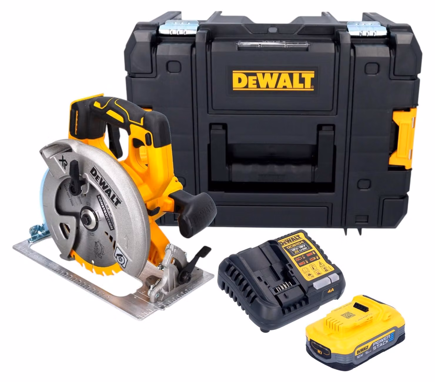 Sega circolare a batteria DeWalt DCS 570 H1T 18 V 184 mm senza spazzole + 1x batteria Powerstack 5,0 Ah + caricabatterie + TSTAK