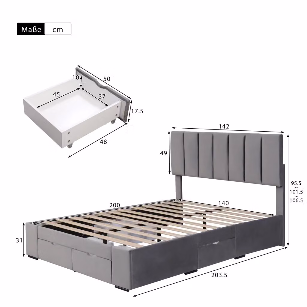 Letto Imbottito REDOM in Velluto Grigio con 4 Cassetti L/P/H: 140 x 200 x 45 cm – 2