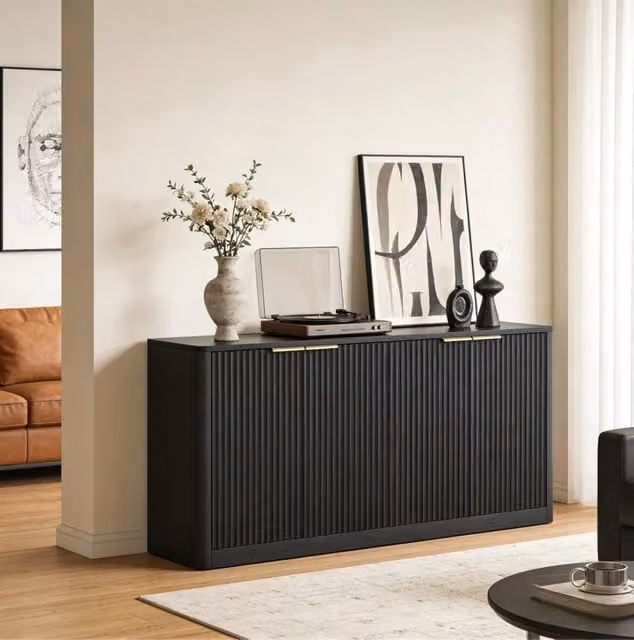 Madia contenitore moderna con 4 ante e design ondulato in MDF nero opaco L: 150 cm, P: 40 cm, H: 70,5 cm – 1