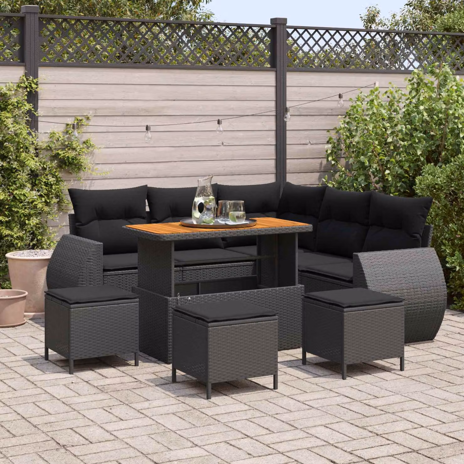Set Divano da Giardino Moderno vidaXL in Polyrattan Nero con 9 Pezzi e Cuscini Inclusi – 1