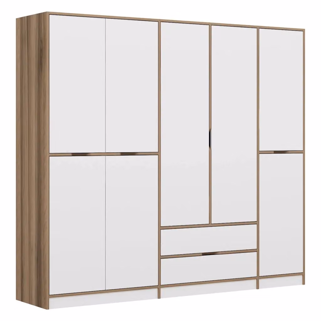 Armadio da camera da letto moderno DMORA con ante scorrevoli e cassetti integrati, Bianco e Marrone, L: 232 cm, H: 208 cm – 2