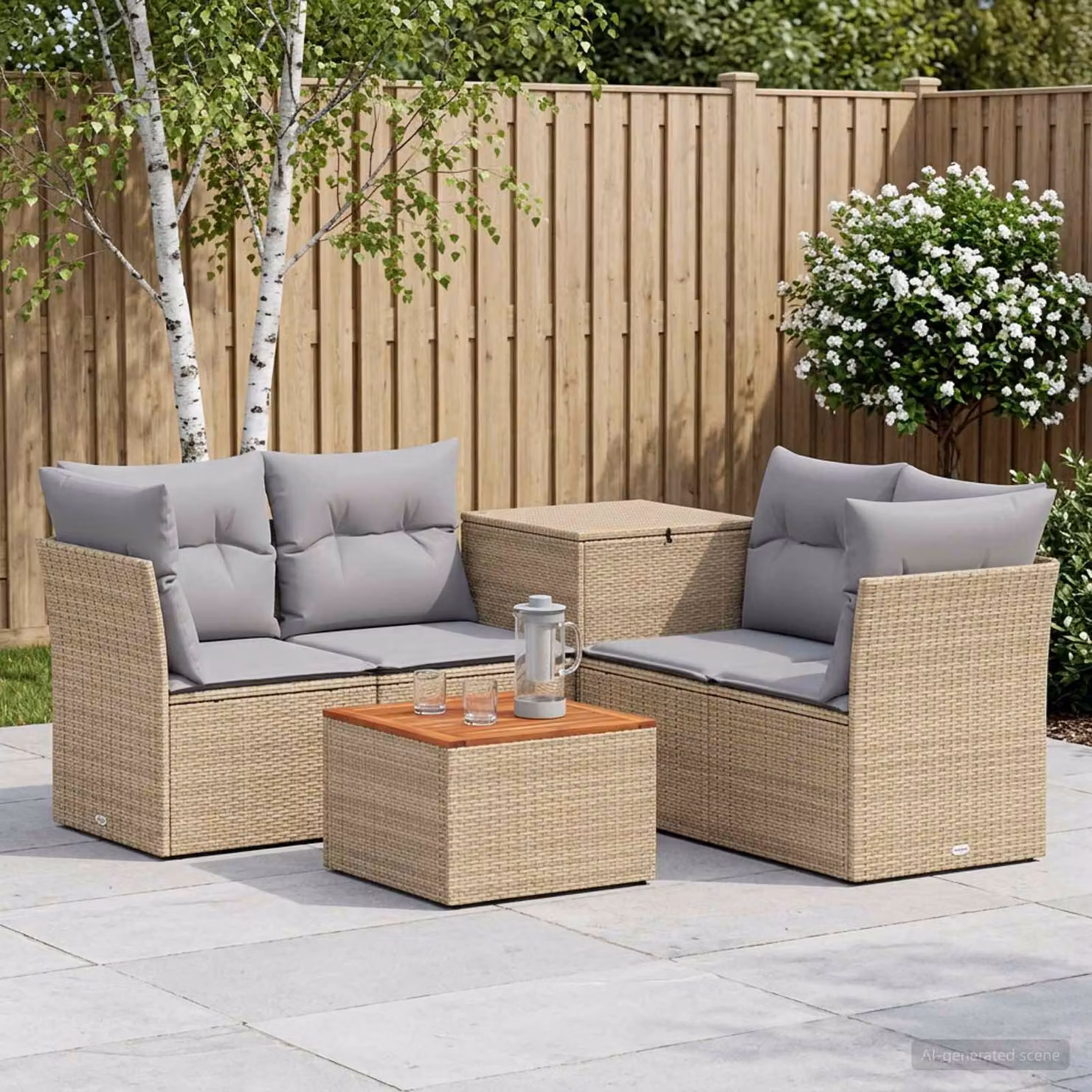 Set di divani da giardino vidaXL in polyrattan con tavolo da caffè, 6 pezzi, Beige e Grigio Chiaro