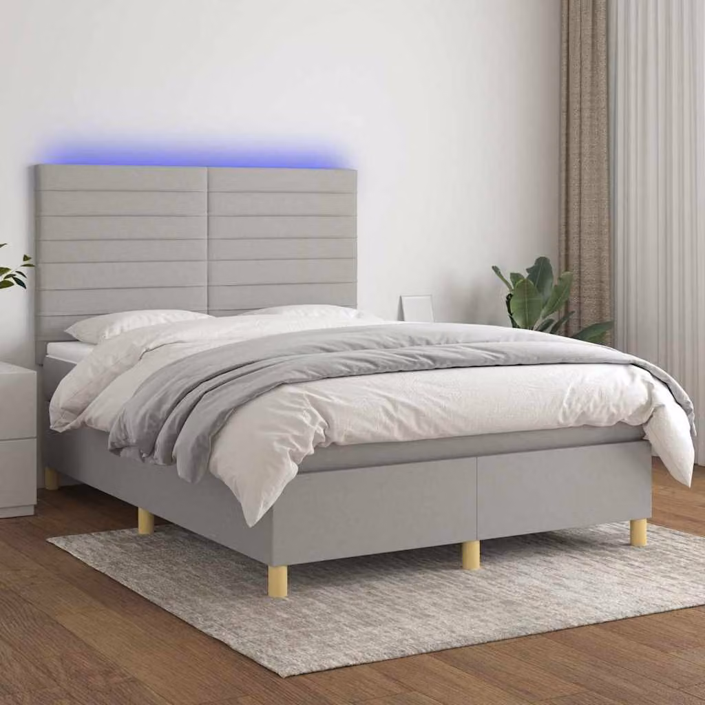Letto a molle con materasso e illuminazione LED vidaXL in tessuto grigio chiaro, L/P/H: 144 x 193 x 128 cm – 1