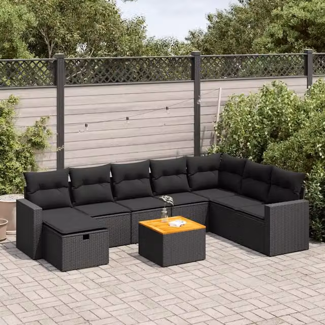 Set Divani da Giardino 9 pz con Cuscini Nero in Polyrattan 3325800