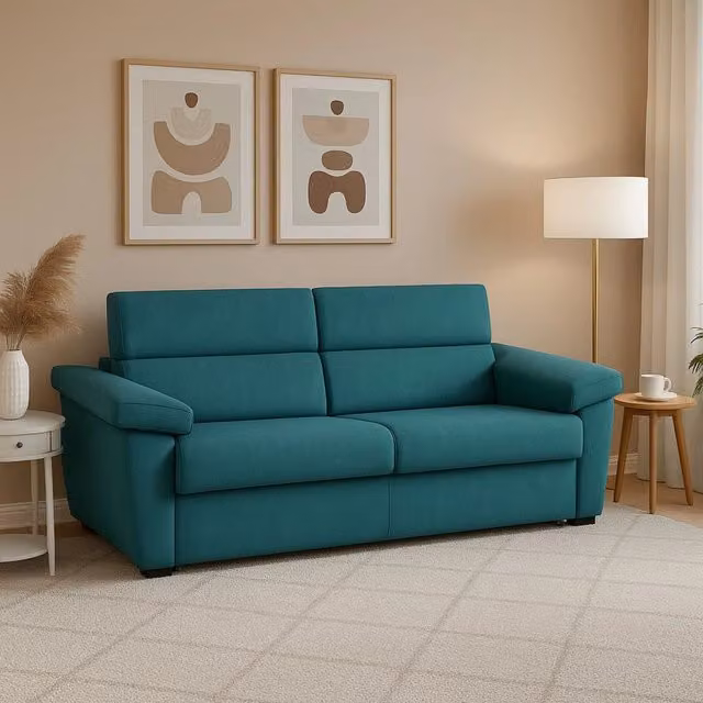 Divano Giffone DMORA a 3 posti, modello fisso con rivestimento sfoderabile in tessuto azzurro, L: 225 cm, P: 95 cm, H: 100 cm
