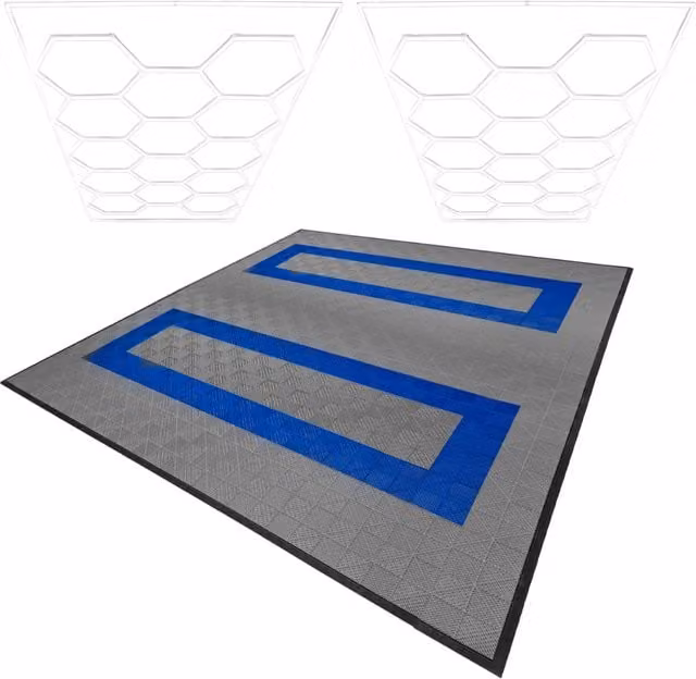 Set di Piastrelle Ventilate per Garage e Luci LED Esagonali Monster Shop, Colore Grigio e Blu con Bordi