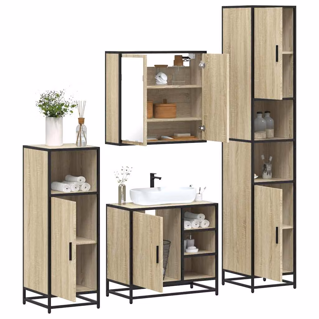 Set di mobili da bagno industrial vidaXL 4 pezzi in legno e metallo marrone con armadietto specchio, mobile lavabo, mobile laterale e colonna alta