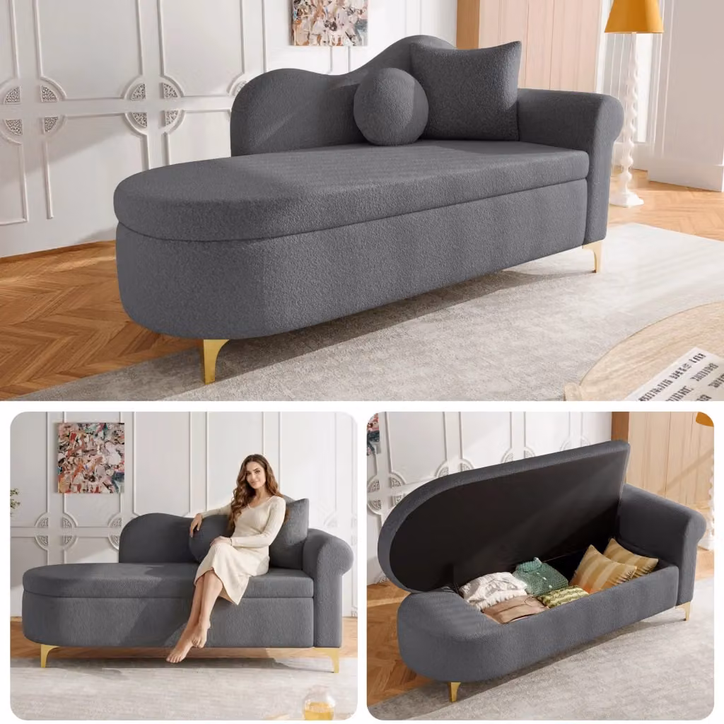Chaise Longue REDOM con contenitore e funzione letto, colore grigio, con 2 cuscini, L: 134 cm, P: 64 cm, H: 70 cm – 2
