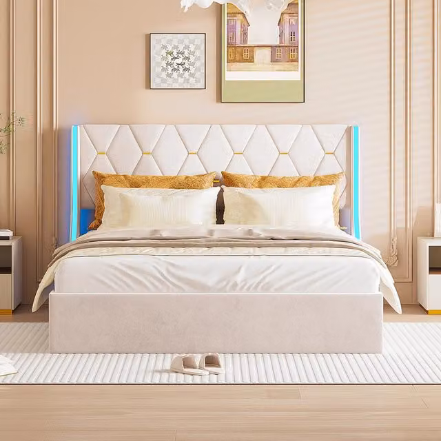 Letto Matrimoniale 160 x 200 cm;Letto Contenitore con contenitore idraulico;Testiera imbottita con LED;Velluto;Beige