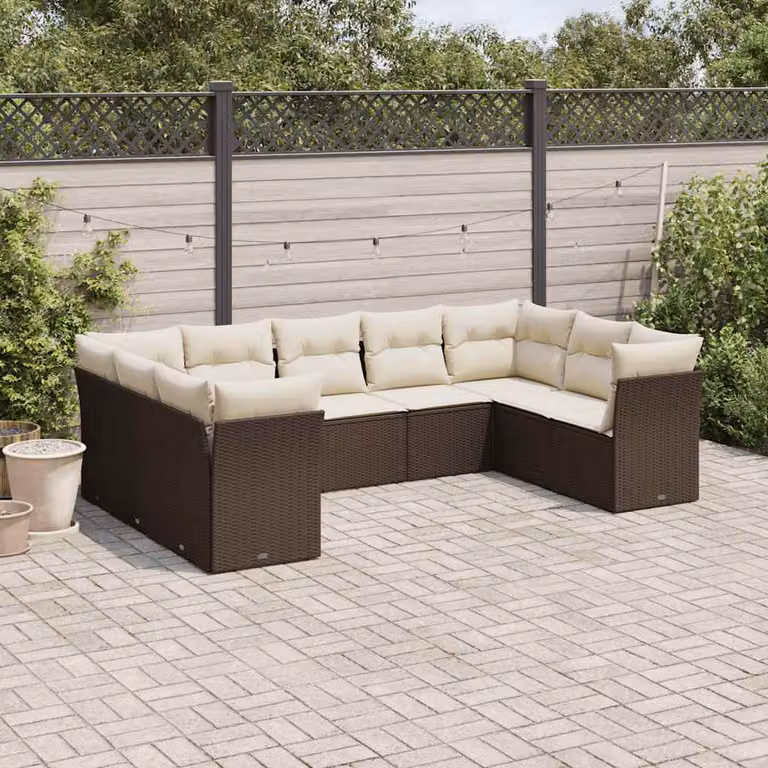 Set di divani da giardino vidaXL in polyrattan marrone con 9 pezzi e cuscini bianchi imbottiti