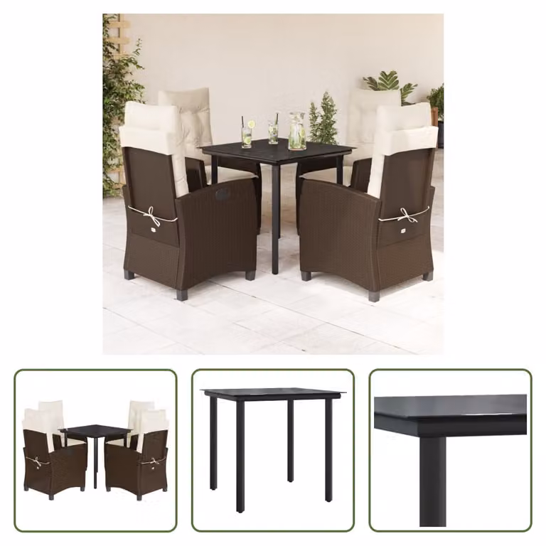 The Living Store Set da pranzo da giardino 5 pezzi con cuscini in polirattan marrone