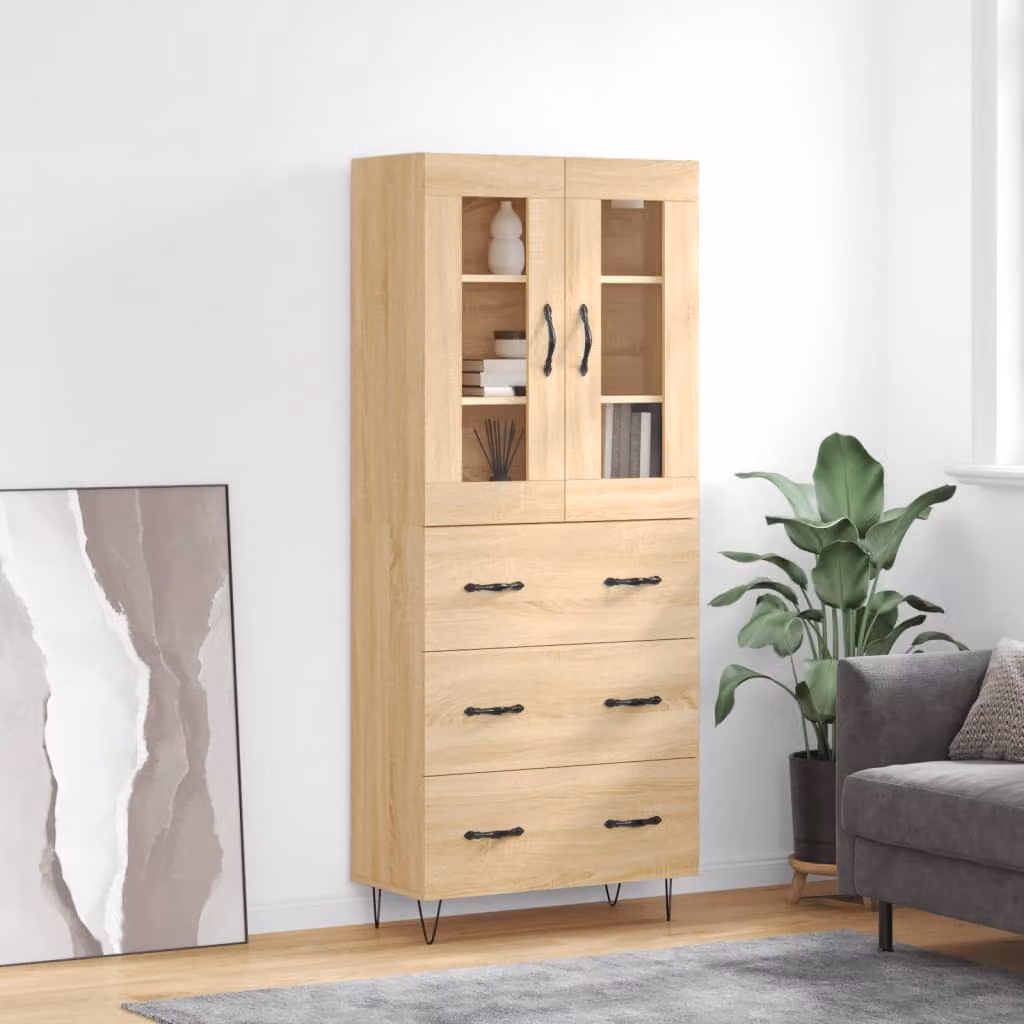 Credenza moderna vidaXL in rovere con ante in vetro e ripiani interni, L/P/H: 69,5 x 34 x 180 cm