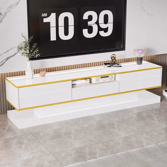 Mobile porta TV OKWISH moderno in bianco lucido con LED multicolore controllabile tramite app, 3 cassetti e vano aperto, L: 180 cm, P: 38 cm, H: 45 cm