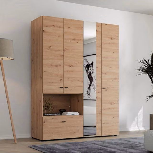 Armadio da camera da letto DMORA Omete con ante a specchio e cassetti integrati, colore marrone rovere, L: 155 cm, H: 208 cm