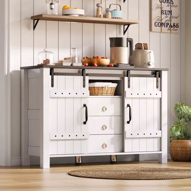 CREDENZA 120x40x80 cm in MDF bianco con 2 porte scorrevoli e 3 cassetti