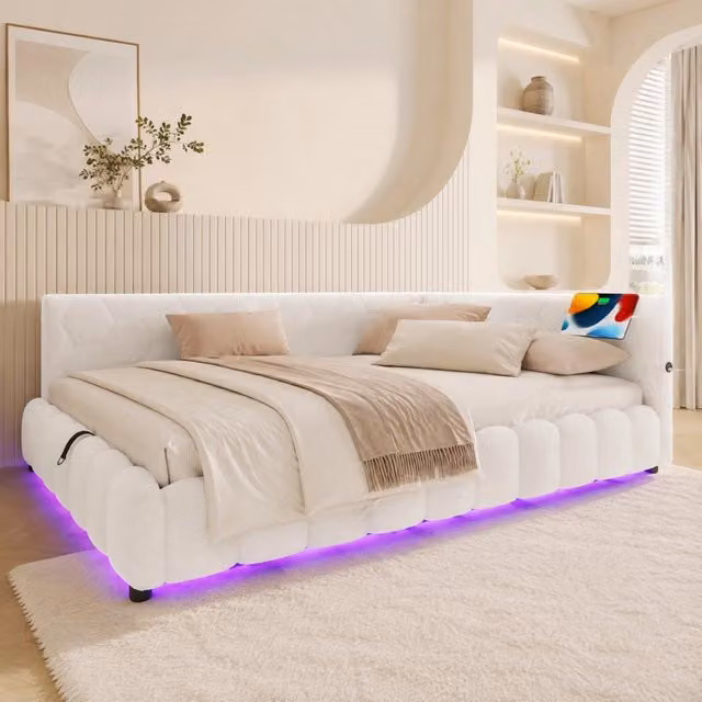 Letto Divano con Contenitore in Velluto Bianco con Illuminazione LED e Porte USB/Type-C, L/P/H: 200 x 140 x 73 cm