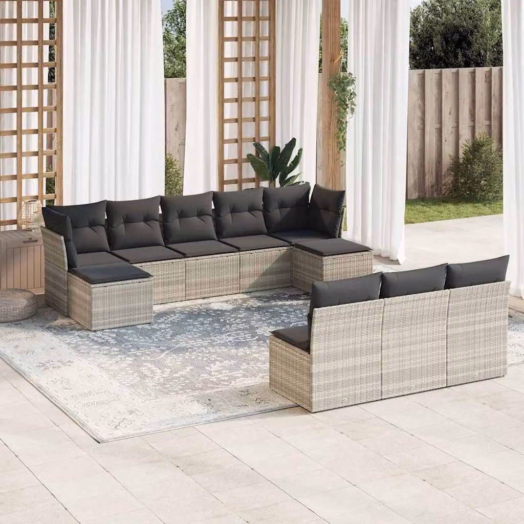 vidaXL Set Divano da Giardino 10 Pezzi in Polyrattan con Cuscini Grigio Chiaro – 1