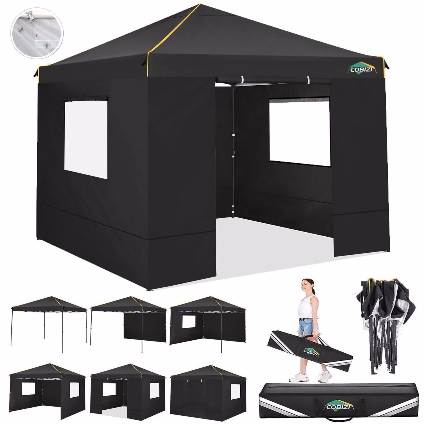 Gazebo da esterno 3x3 metri con 4 pannelli laterali, 100% impermeabile, protezione UV 50+, resistente alle intemperie invernali, struttura in acciaio, altezza regolabile da 200 a 226 cm, colore nero