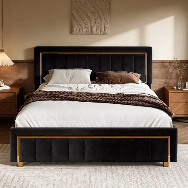 Letto Matrimoniale 160 x 200 cm;Letto Contenitore con contenitore idraulico;Testiera imbottita regolabile;Velluto;Nero
