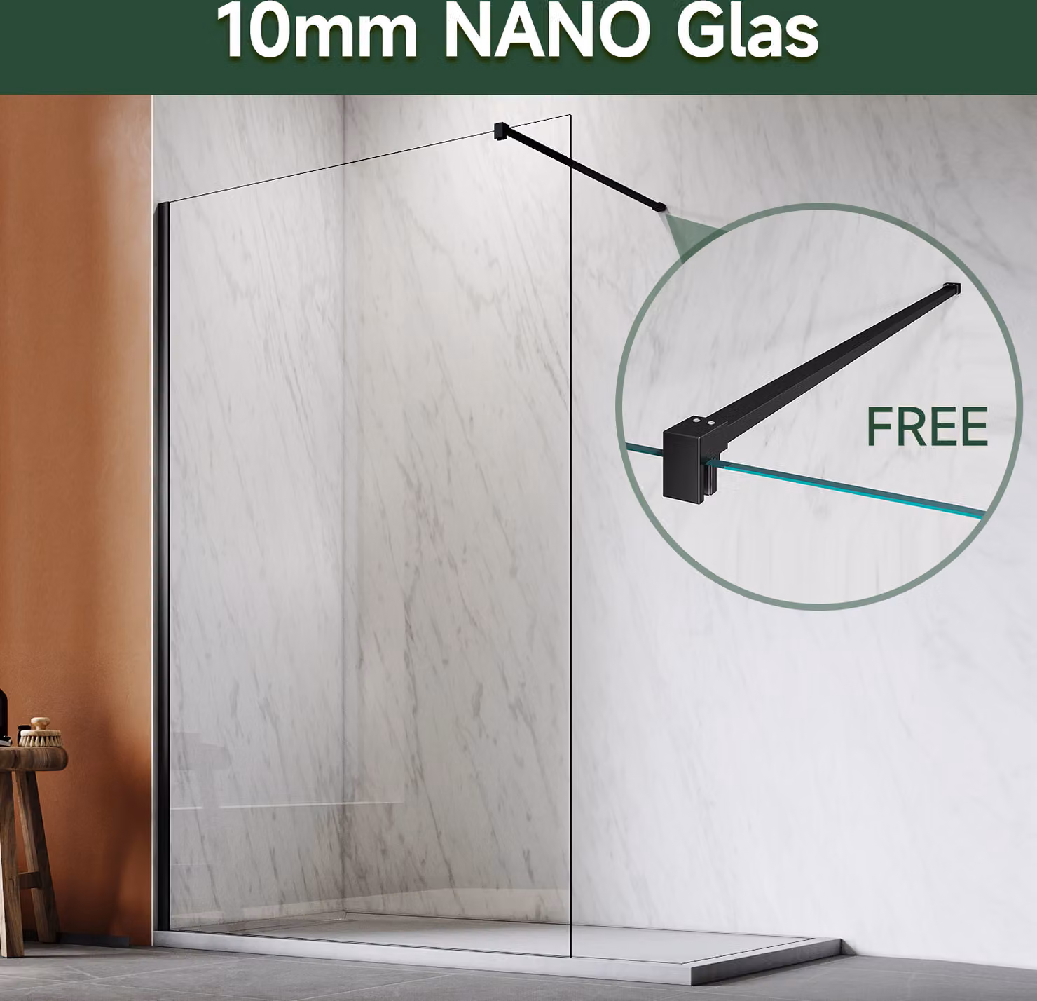 SONNI 80x200cm Schermo doccia walk in con vetro trasparente rivestito NANO da 10 mm nero Cabina doccia