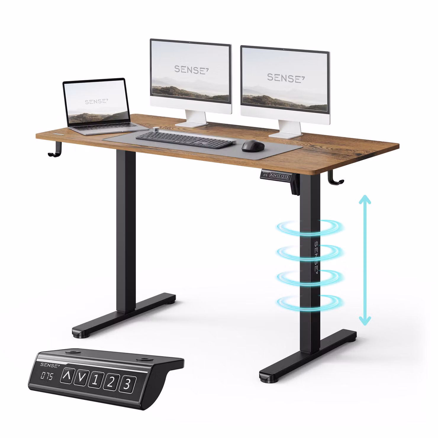 SENSE7 NOJO LIGHT Scrivania regolabile in altezza, elettrica, 120x60 cm, marrone scuro e nero, scrivania da gaming, scrivania per computer, scrivania alta, Memory, PC, ufficio