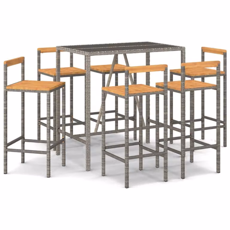 Set Bar Giardino 7pz Grigio Polyrattan e Legno Massello Acacia
