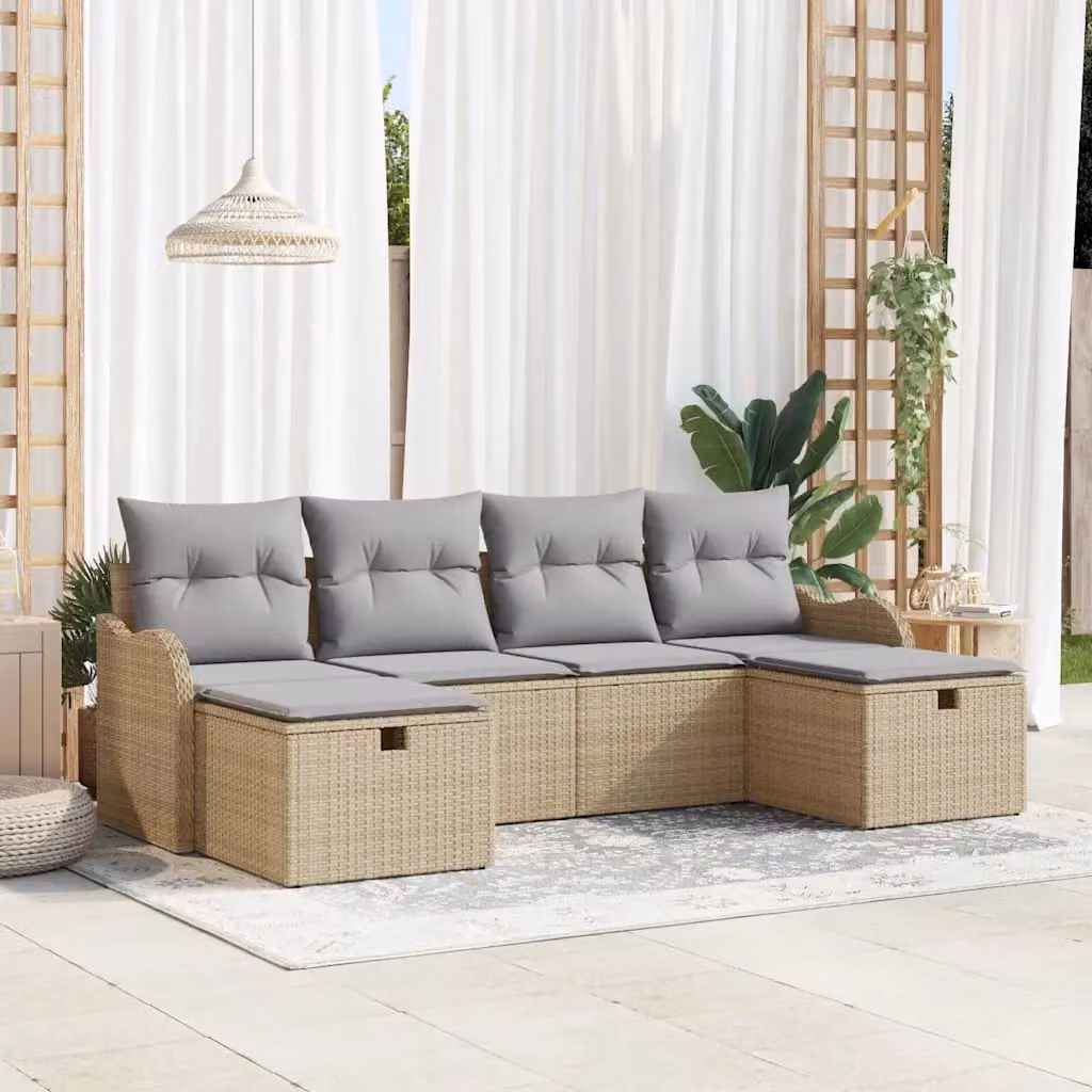 Set Divano da Giardino a L vidaXL in Polyrattan Beige con Cuscini e Tavolino da 6 Pezzi