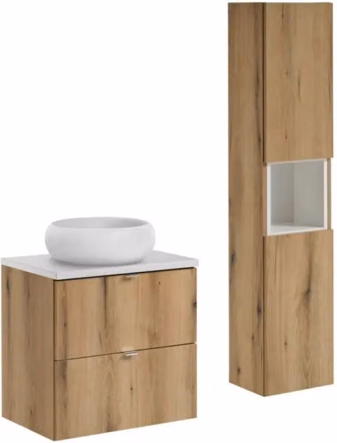 Set VANO finitura quercia e bianco 90cm: mobile sottolavabo con cassetti + piano per lavabo + lavabo da appoggio rotondo + colonna