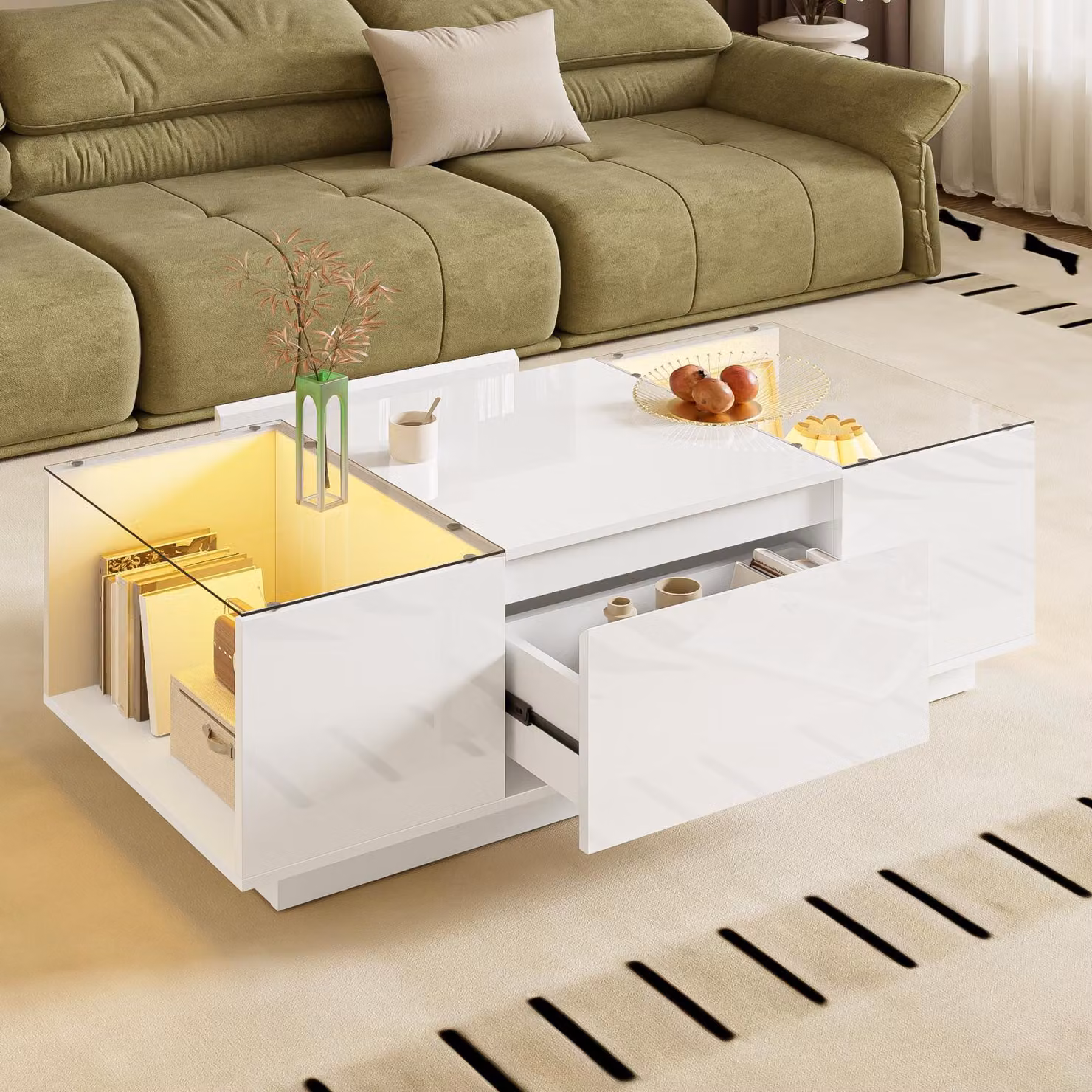 Fortuna Lai Tavolino moderno da 105 cm con illuminazione d'atmosfera a LED - piano in vetro, vano portaoggetti e 2 cassetti per un pratico utilizzo in salotto